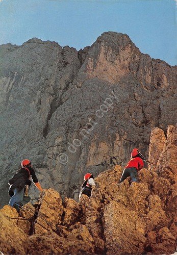 Cartolina Dolomiti Gruppo Sella Via Ferrata Brigata Tridentina Pisciadù animata | Immagine principale