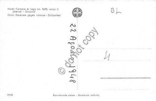 Cartolina Dolomiti Hotel Carezza al Lago verso Latemar 1948