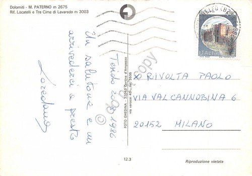 Cartolina Dolomiti M. Paterno Rifugio Locatelli e Tre Cime 1986 | Immagine Gallery 2