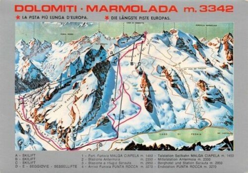 Cartolina Dolomiti Marmolada mappa con piste di sci Timbro rifugio …