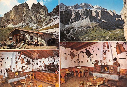 Cartolina Dolomiti Passo Gardena Baita Clark 4 vedute (Bolzano)