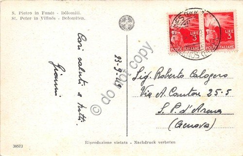 Cartolina Dolomiti S. Pietro in Funes 1949