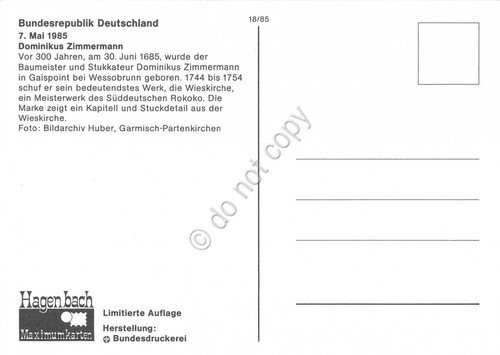 Cartolina Dominikus Zimmermann timbro filatelico 1985 | Immagine Gallery 2