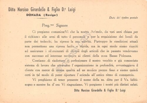 Cartolina Donada Pubblicitaria Ditta Narciso Girardello & F. Luigi Ferramenta