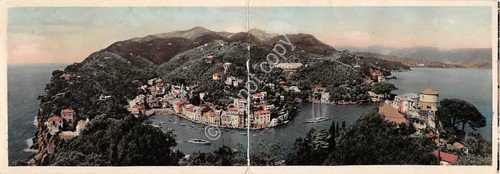 Cartolina doppia Portofino panorama baia 1955