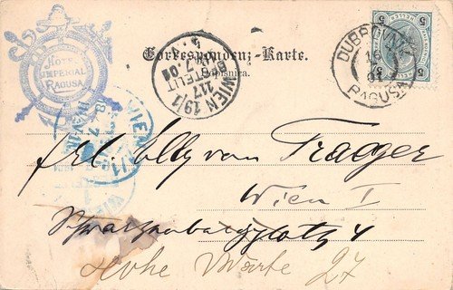 Cartolina Dubrovnik Ragusa Entrata nel porto 1901 ? Timbro Hotel …