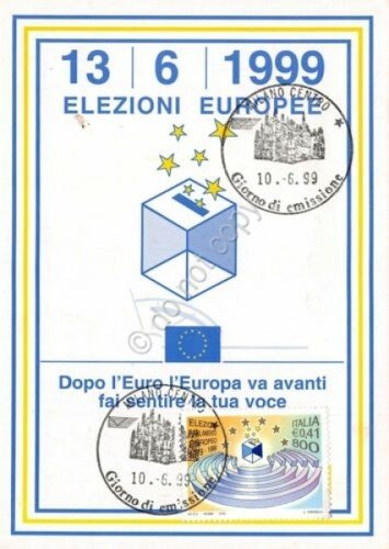 Cartolina Elezioni Europee 1999 timbro filatelico Milano giorno di emissione | Immagine principale