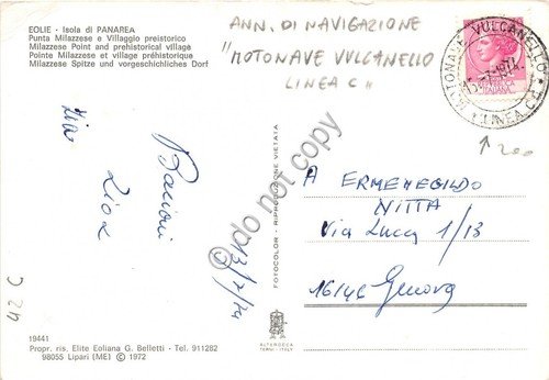 Cartolina Eolie Panarea Timbro Motonave Vulcanello 1974