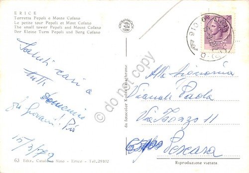 Cartolina Erice Torretta Pepoli e Monte Cofano 1972 (Trapani)