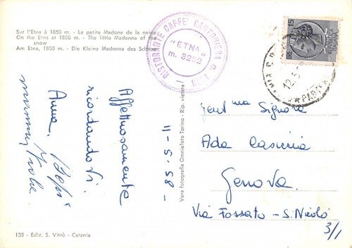 Cartolina Etna Madonnina della neve 1958 (Catania)