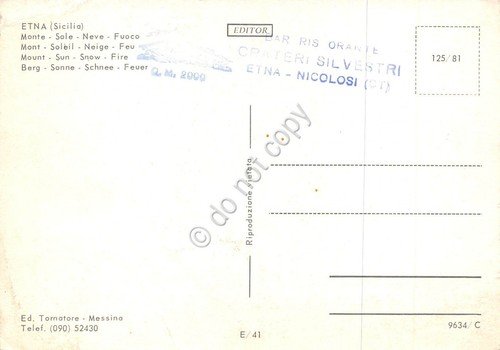 Cartolina Etna monte Sole neve fuoco (Catania)