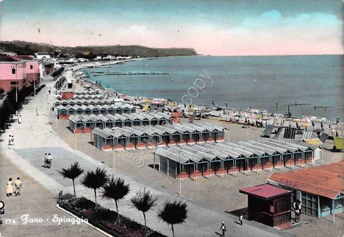 Cartolina Fano Spiaggia stabilimenti colorata 1957 | Immagine principale
