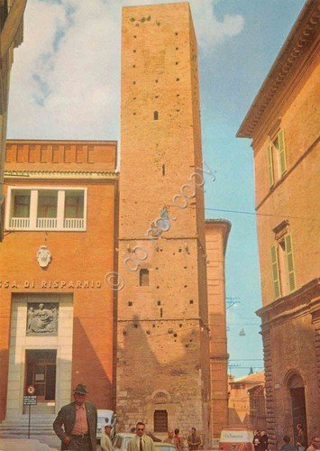 Cartolina Fermo Torre Matteucci animata Cassa di Risparmio