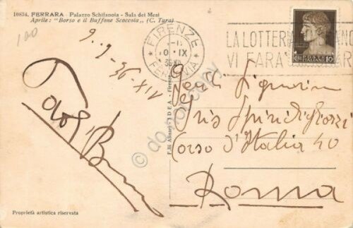 Cartolina Ferrara Palazzo Schifanoia 1936 Timbro targhetta Lotteria Merano | Immagine Gallery 2