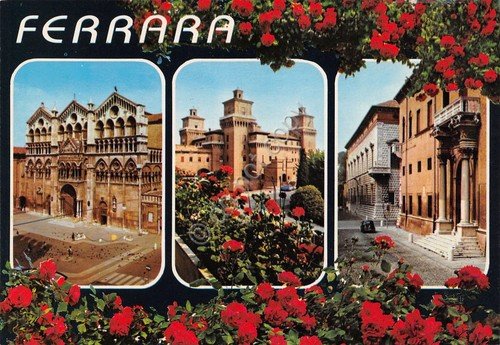 Cartolina Ferrara vedute varie cartolina grafica con rose