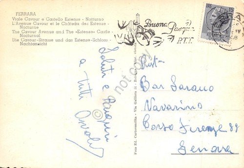 Cartolina Ferrara Viale Cavour Castello Estense Notturno 1968