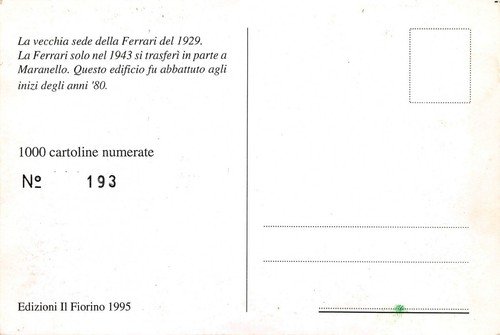 Cartolina Ferrari Vecchia sede del 1929 Numerata 193 del 1995