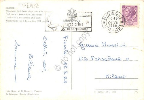 Cartolina Fiesole Chiostrino di San Bernardino 1968 Timbro PT | Immagine Gallery 2