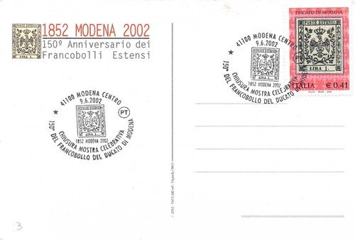 Cartolina filatelica 150° Anniversario Francobolli Estensi Modena 2002