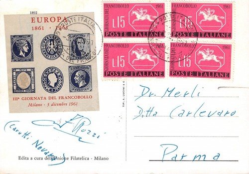 Cartolina filatelica 3°giornata del francobollo Milano 1961