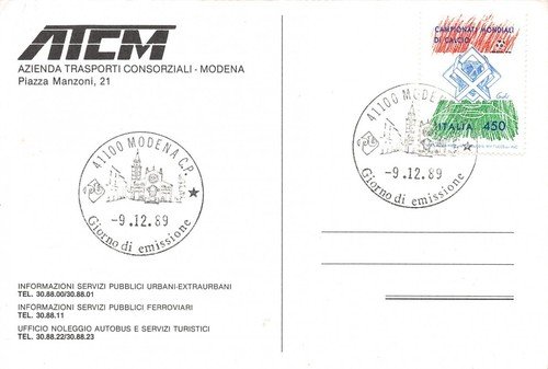 Cartolina filatelica Azienda Trasporti consorziali Modena 1989