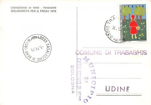Cartolina filatelica Casalecchio di Reno Trasaghis Solidarietà per Friuli 1976