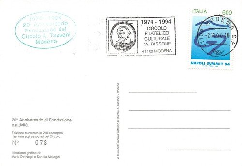 Cartolina filatelica Circolo Filatelico Culturale A.Tassoni Modena 1994 verde
