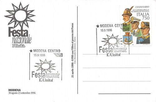 Cartolina filatelica Festival Nazionale de L' Unità Modena 1996