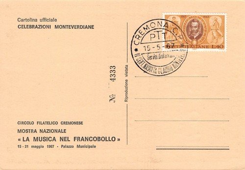 Cartolina filatelica La musica nel francobollo Commemorativa Cremona L'Orfeo '67