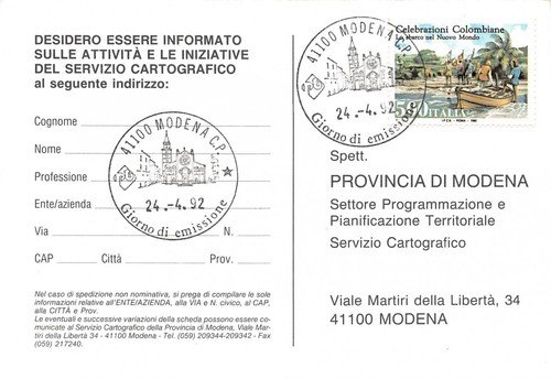 Cartolina filatelica Settore territoriale cartografico Colombo Modena 1992