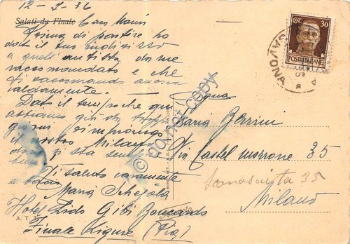 Cartolina Finale Ligure Giardini 1936