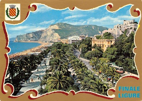 Cartolina Finale Ligure Grafica 1974 passeggiata palme spiaggia stemma | Immagine principale