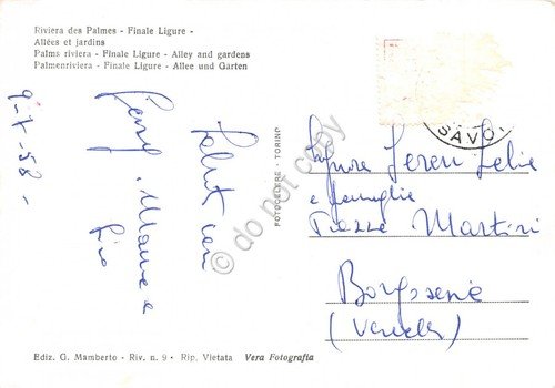 Cartolina Finale Ligure Il viale e i giardini 1958 (Savona)