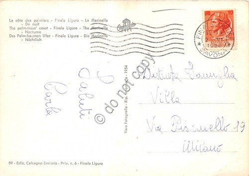Cartolina Finale Ligure La Marinella dall'alto Notturno 1956