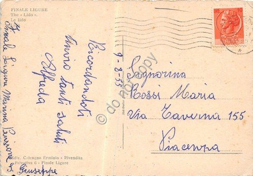 Cartolina Finale Ligure Lido spiaggia animata 1955