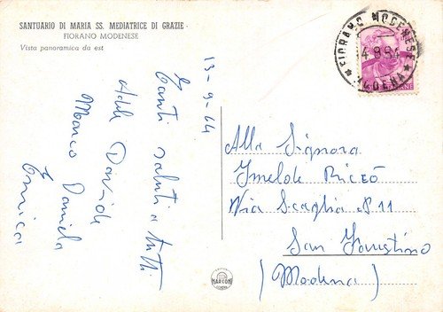 Cartolina Fiorano Modenese Santuario Maria Mediatrice di Grazie 1964