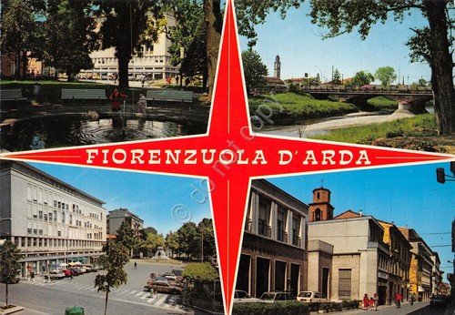 Cartolina Fiorenzuola D'Arda vedute del paese giardino ponte cartolina grafica | Immagine principale