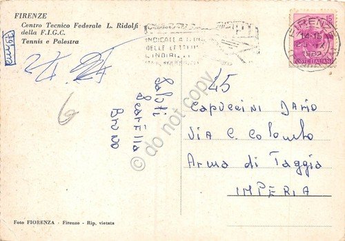Cartolina Firenze Centro tecnico federale Ridolfi FIGC Tennis palestra 1962