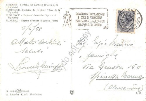 Cartolina Firenze Fontana di Nettuno Timbro a targhetta apprendistato 1958