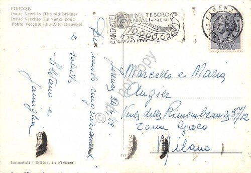 Cartolina Firenze Ponte Vecchio notturno timbro targhetta Buoni del Tesoro … | Immagine principale