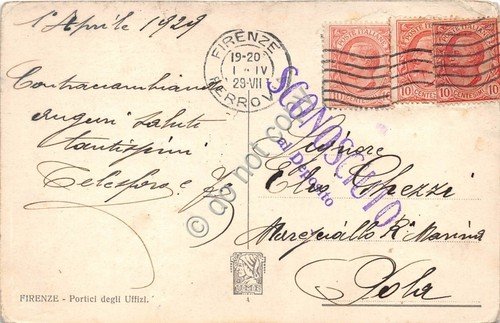 Cartolina Firenze Portici degli Uffizi 1929 Timbro Sconosciuto al deposito