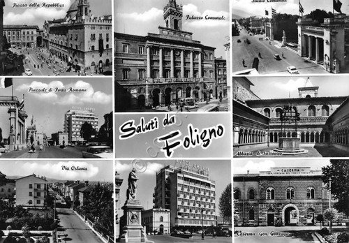 Cartolina Foligno vedute varie caserma via Oslavia Hotel Umbria 1964