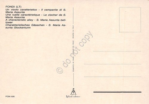 Cartolina Fondi vicolo caratteristico animata Campanile S. M. Assunta anni …