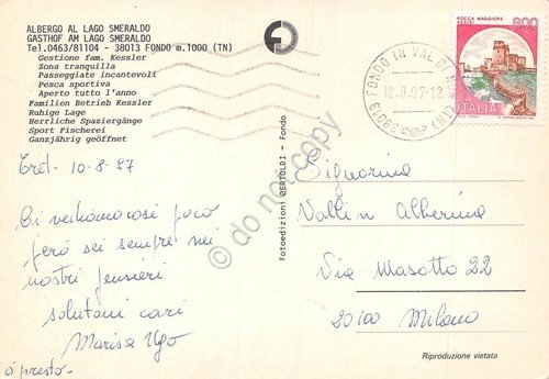 Cartolina Fondo Trento Albergo al Lago Smeraldo 1987 3 vedute …