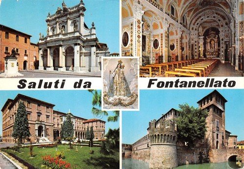 Cartolina Fontanellato vedute varie e interno chiesa 1969 | Immagine principale