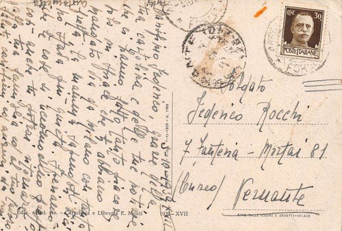 Cartolina Forlì Piazza Saffi animata 1939