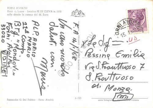 Cartolina Forni Avoltri Pe De Cleva Forni di Luzza 1968