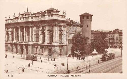 Cartolina fotografica Torino Palazzo Madama Ed. Diena animata tram