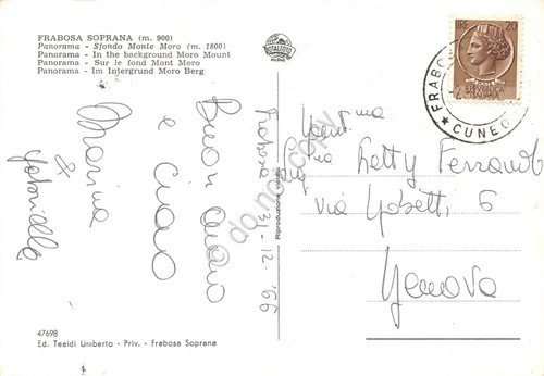 Cartolina Frabosa Soprana panorama invernale neve 1966