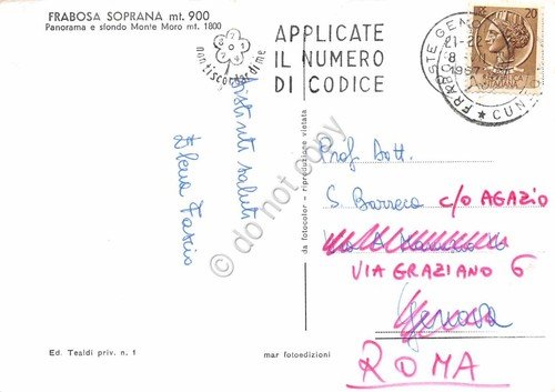 Cartolina Frabosa Soprana panorama paese con Monte Moro timbro PT …